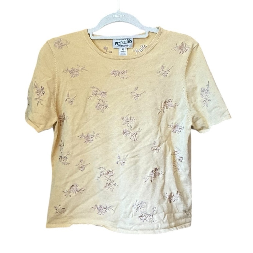 Pendleton Women's Yellow Embroidered Floral Short Sleeve Top